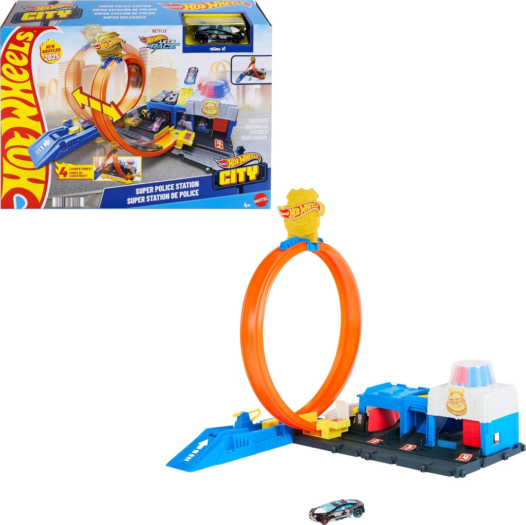 Hot Wheels City Toy Car Track Set, Super Police Station Playset with 1:64 Scale Die-Cast Vehicle