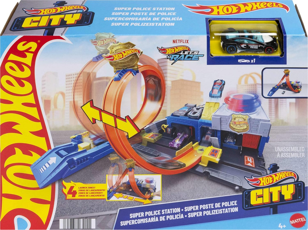 Hot Wheels City Toy Car Track Set, Super Police Station Playset with 1:64 Scale Die-Cast Vehicle